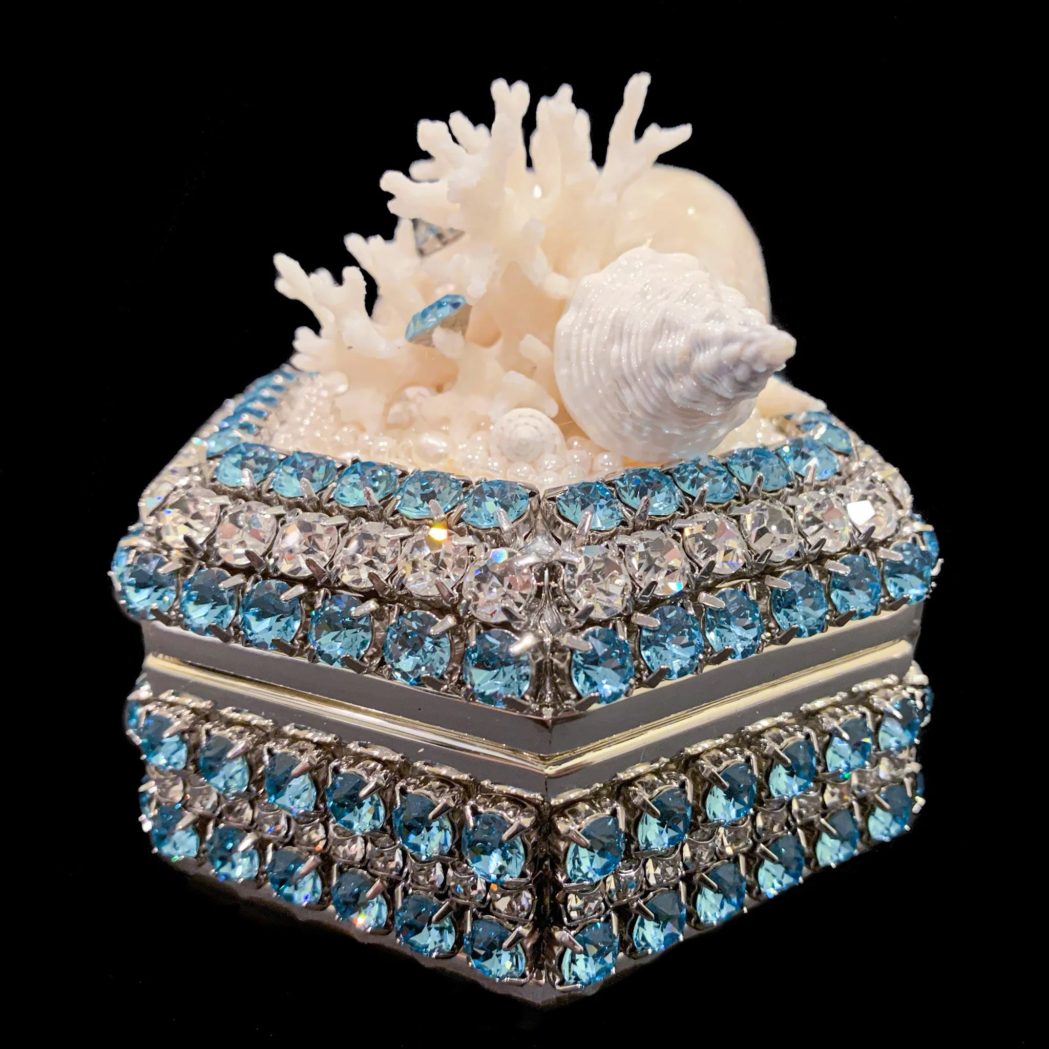 Aquamarine Hexagon Box Featuring Premium Crystals and Natural Seashells