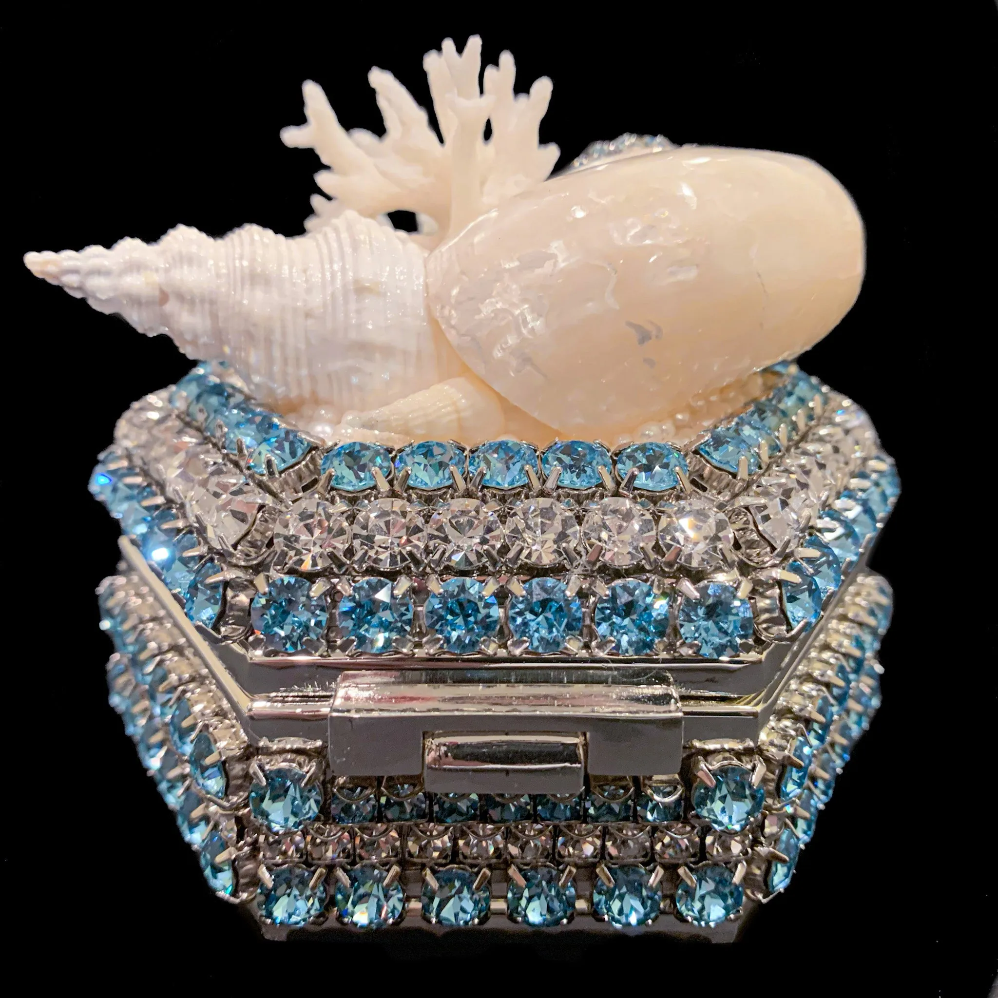 Aquamarine Hexagon Box Featuring Premium Crystals and Natural Seashells