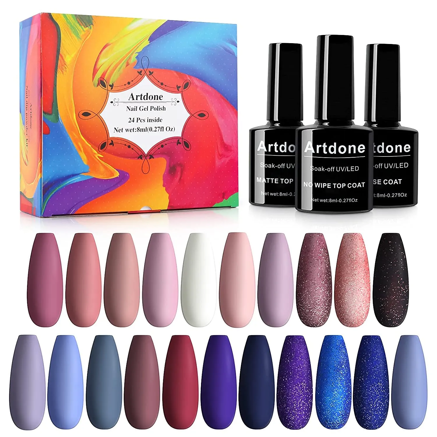 Artdone 24pcs Gel Nail Polish Kit,(8ml each),include Glossy & Matte Top Coat and Base Coat Soak Off Nail Polish Set Pink Blue Green Yellow Nail Polish UV Led Gel Polish, Silver Glitter Gel Nail Polish for NAIL ART