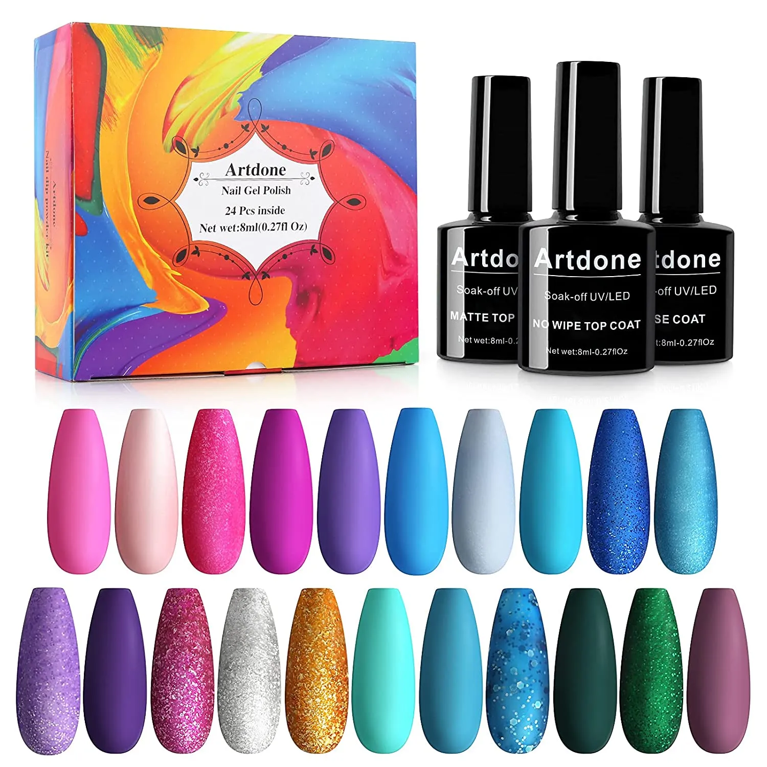 Artdone 24pcs Gel Nail Polish Kit,(8ml each),include Glossy & Matte Top Coat and Base Coat Soak Off Nail Polish Set Pink Blue Green Yellow Nail Polish UV Led Gel Polish, Silver Glitter Gel Nail Polish for NAIL ART