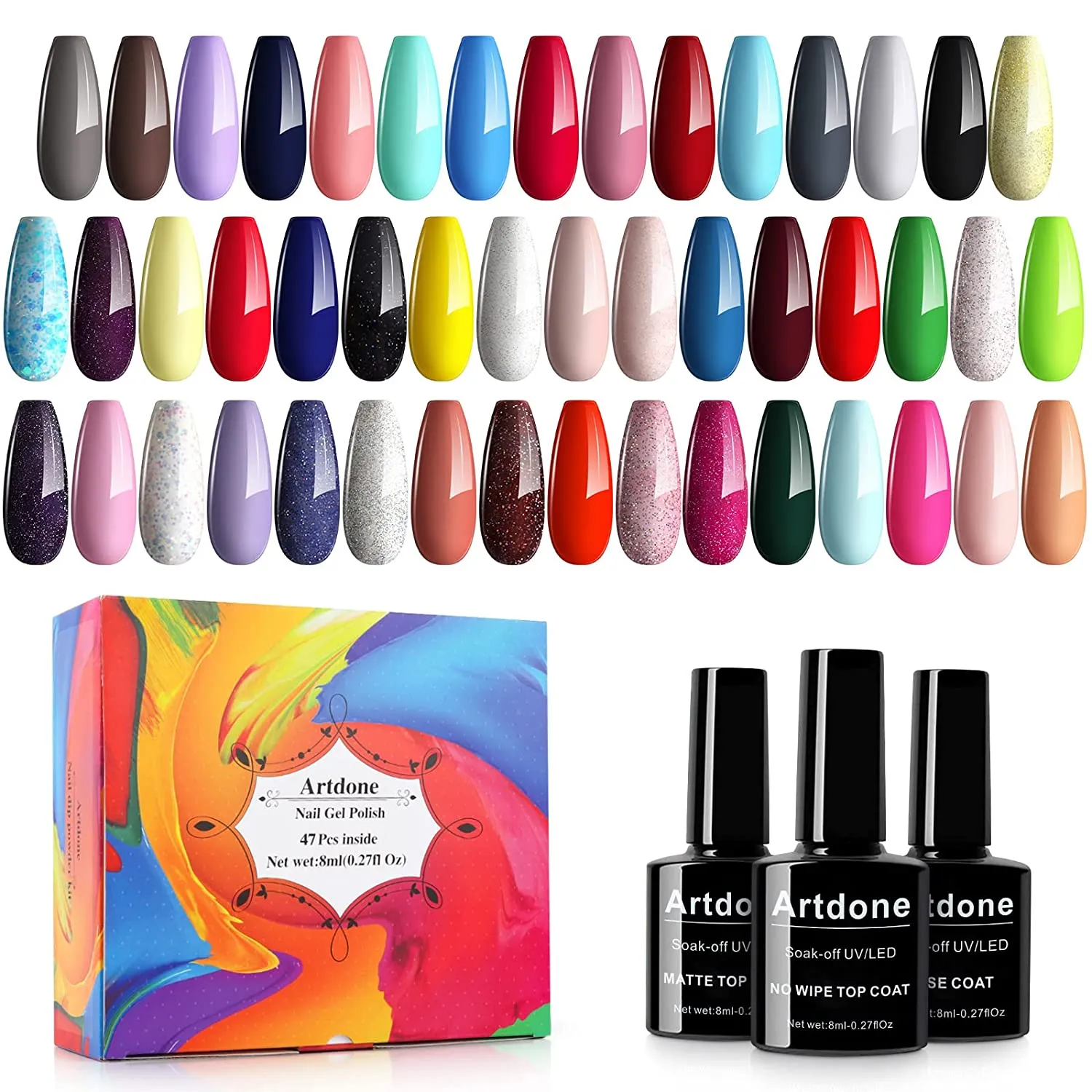 Artdone 24pcs Gel Nail Polish Kit,(8ml each),include Glossy & Matte Top Coat and Base Coat Soak Off Nail Polish Set Pink Blue Green Yellow Nail Polish UV Led Gel Polish, Silver Glitter Gel Nail Polish for NAIL ART