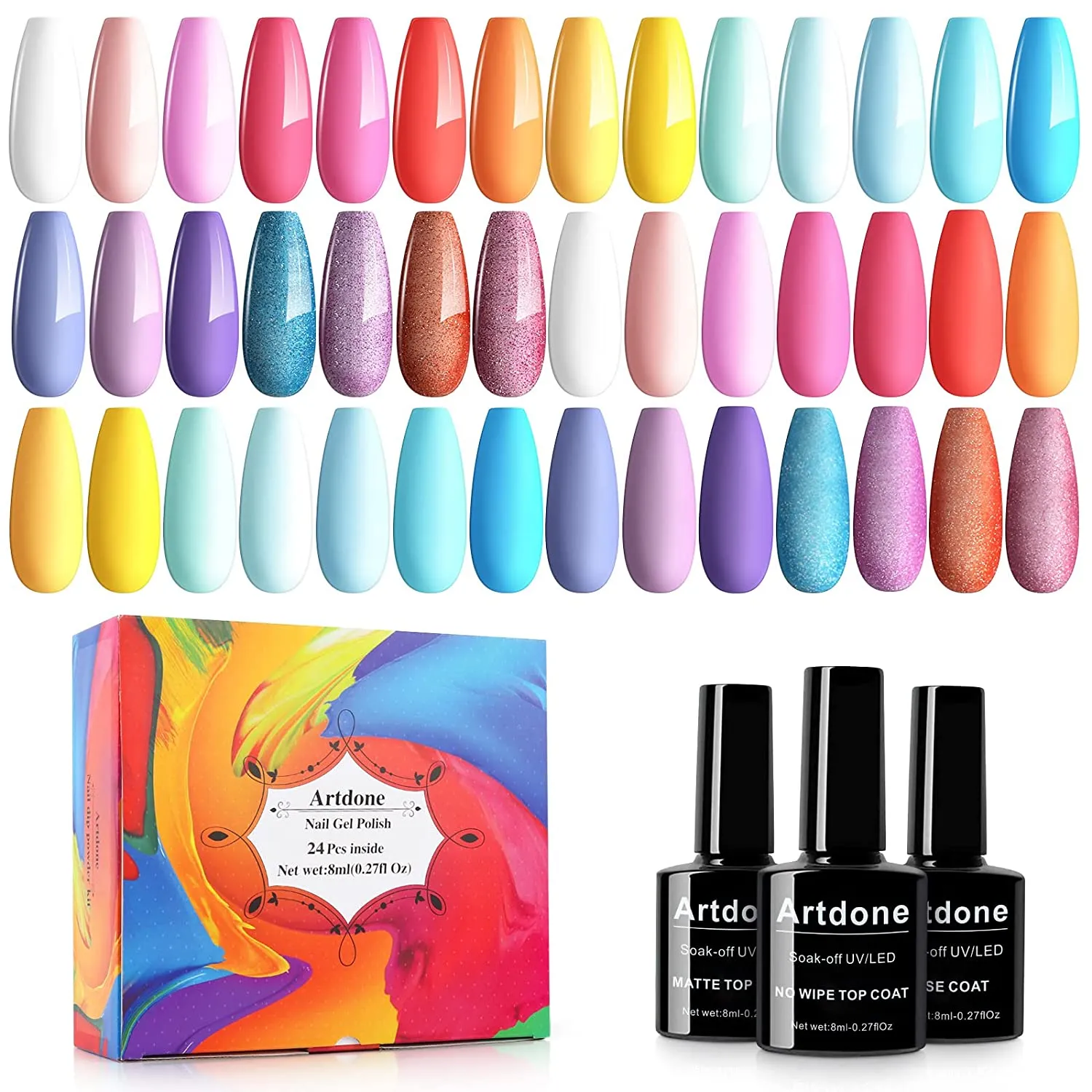 Artdone 24pcs Gel Nail Polish Kit,(8ml each),include Glossy & Matte Top Coat and Base Coat Soak Off Nail Polish Set Pink Blue Green Yellow Nail Polish UV Led Gel Polish, Silver Glitter Gel Nail Polish for NAIL ART