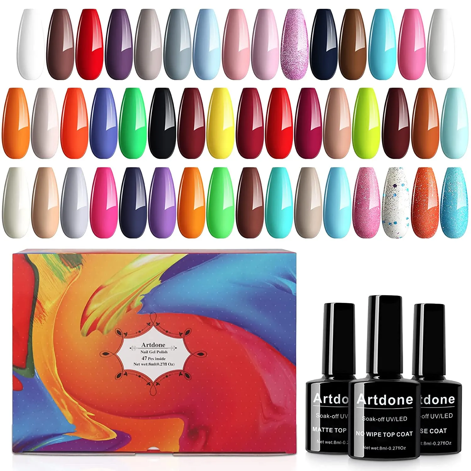 Artdone 24pcs Gel Nail Polish Kit,(8ml each),include Glossy & Matte Top Coat and Base Coat Soak Off Nail Polish Set Pink Blue Green Yellow Nail Polish UV Led Gel Polish, Silver Glitter Gel Nail Polish for NAIL ART