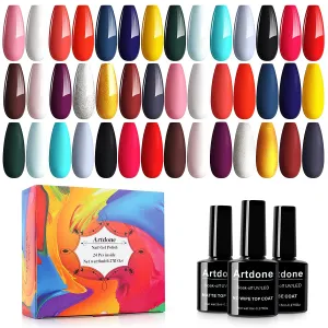 Artdone 24pcs Gel Nail Polish Kit,(8ml each),include Glossy & Matte Top Coat and Base Coat Soak Off Nail Polish Set Pink Blue Green Yellow Nail Polish UV Led Gel Polish, Silver Glitter Gel Nail Polish for NAIL ART
