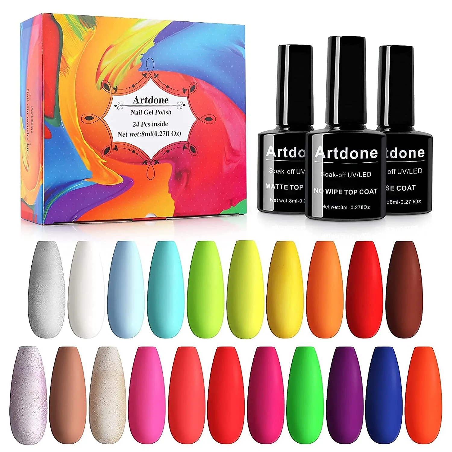 Artdone 24pcs Gel Nail Polish Kit,(8ml each),include Glossy & Matte Top Coat and Base Coat Soak Off Nail Polish Set Pink Blue Green Yellow Nail Polish UV Led Gel Polish, Silver Glitter Gel Nail Polish for NAIL ART