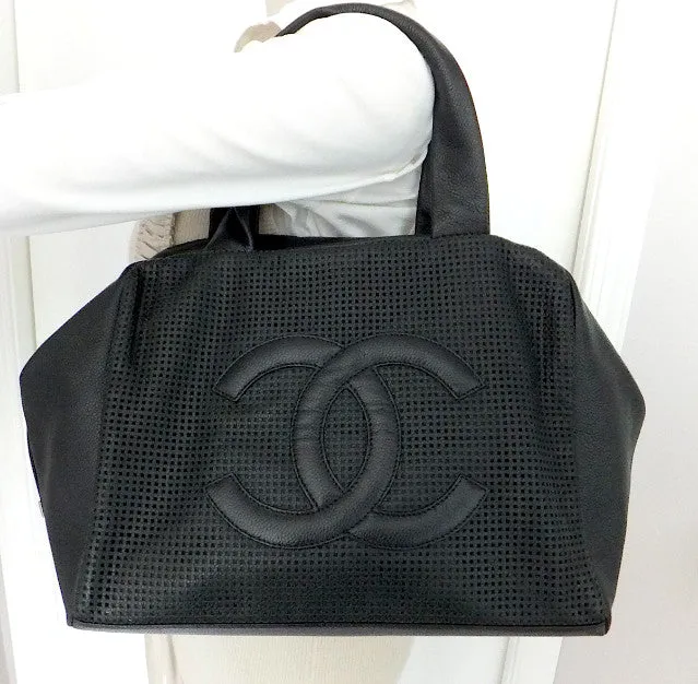 Authentic Chanel Caviar Modern Black Bowler Perforated Handbag