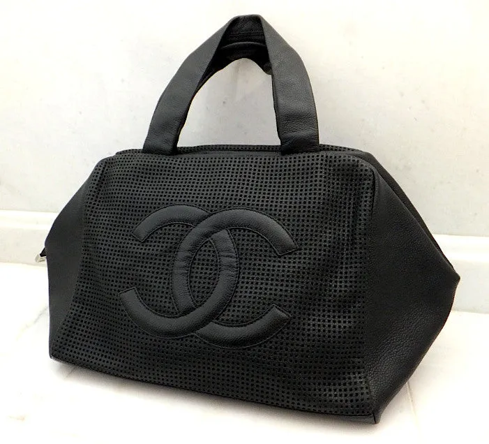 Authentic Chanel Caviar Modern Black Bowler Perforated Handbag