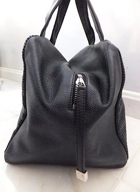 Authentic Chanel Caviar Modern Black Bowler Perforated Handbag