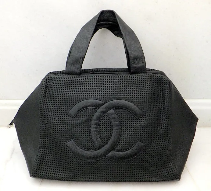 Authentic Chanel Caviar Modern Black Bowler Perforated Handbag