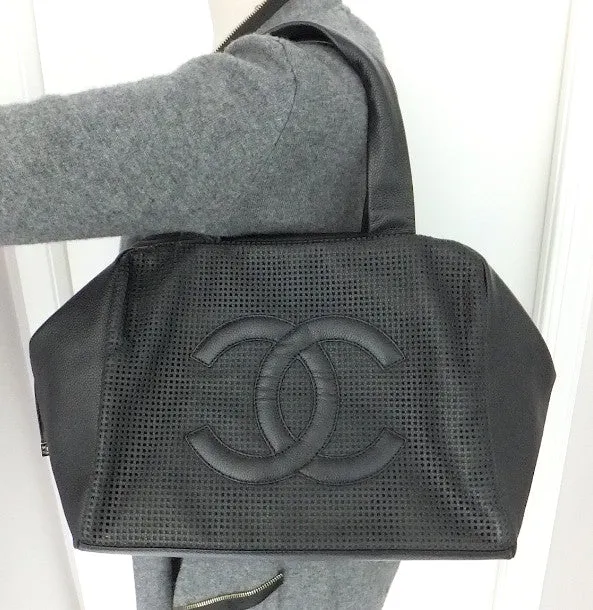 Authentic Chanel Caviar Modern Black Bowler Perforated Handbag