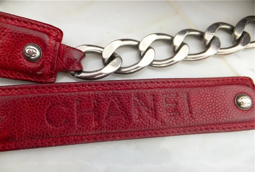 Authentic Chanel Distressed Red Caviar Outdoor Linge Grand Double Chain Tote