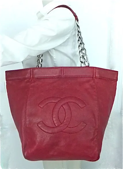 Authentic Chanel Distressed Red Caviar Outdoor Linge Grand Double Chain Tote