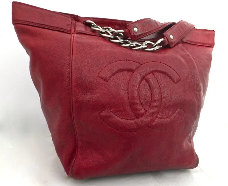 Authentic Chanel Distressed Red Caviar Outdoor Linge Grand Double Chain Tote