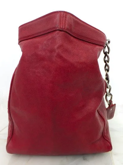 Authentic Chanel Distressed Red Caviar Outdoor Linge Grand Double Chain Tote