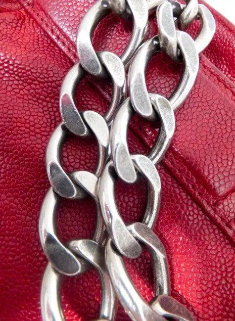 Authentic Chanel Distressed Red Caviar Outdoor Linge Grand Double Chain Tote