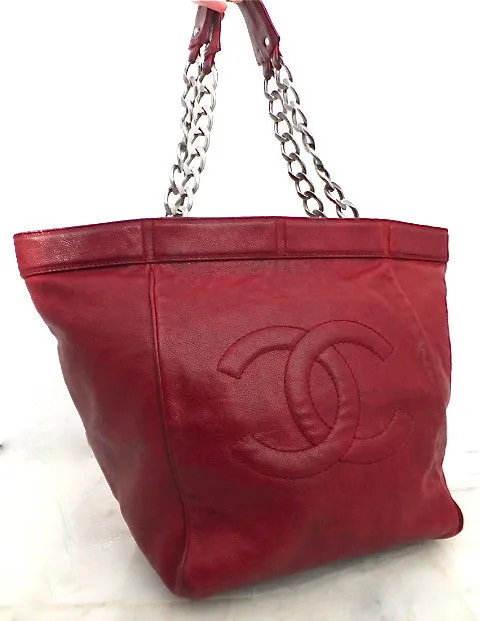 Authentic Chanel Distressed Red Caviar Outdoor Linge Grand Double Chain Tote