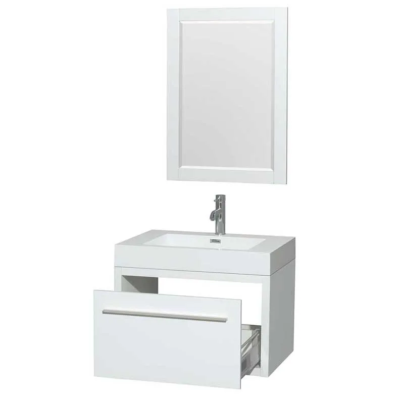 Axa 30" Single Bathroom Vanity in Glossy White, Acrylic Resin Countertop, Integrated Sink and 24" Mirror