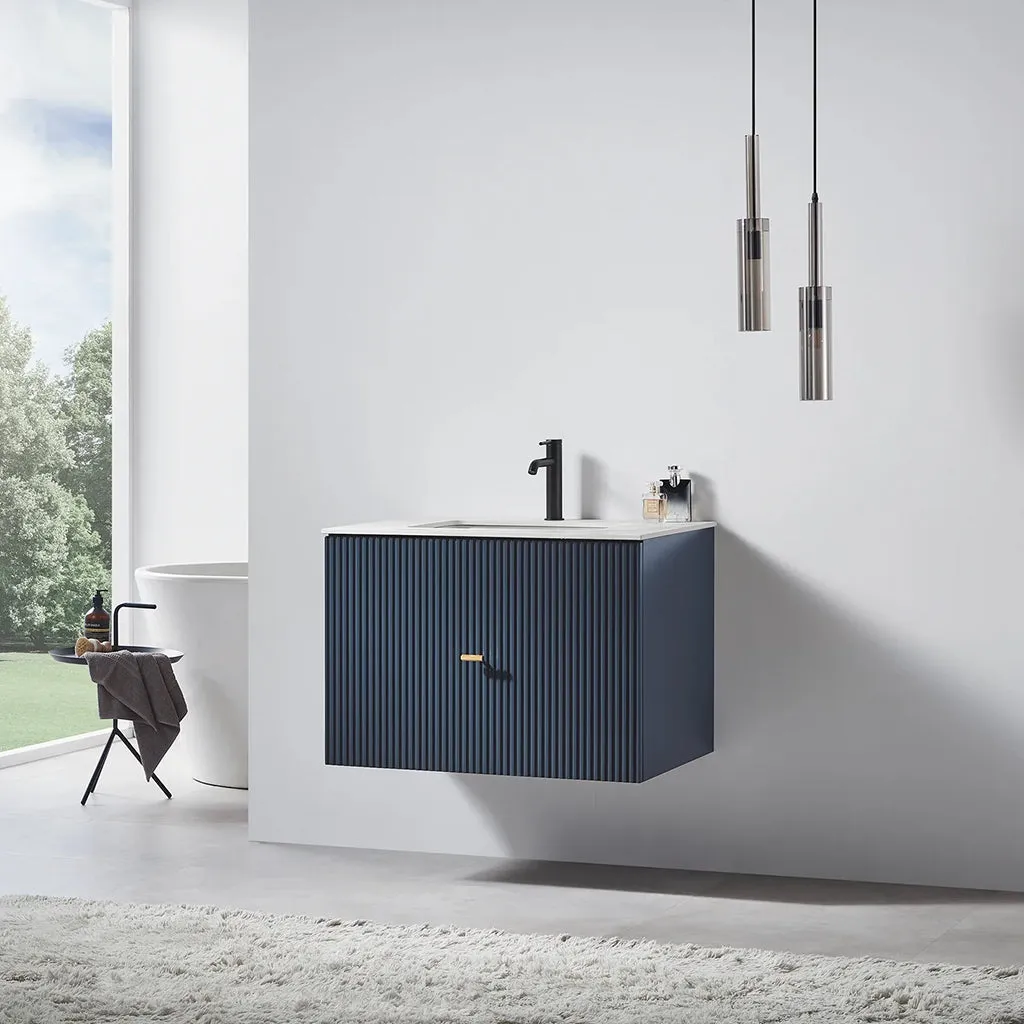 Barcelona 1 Drawer Bathroom Vanity White with Stone Sink - Wall Mount - 30" Wood/Dark Blue