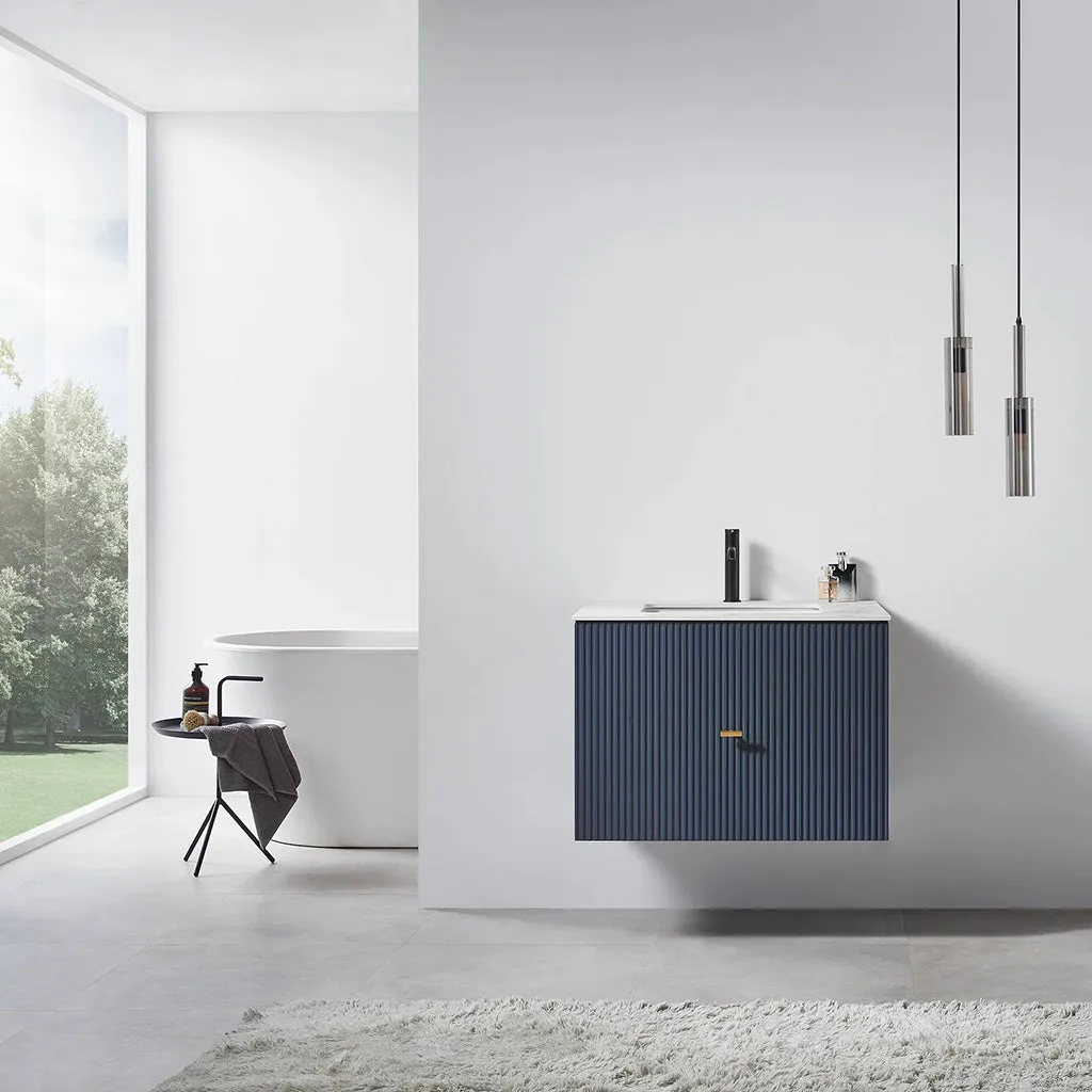 Barcelona 1 Drawer Bathroom Vanity White with Stone Sink - Wall Mount - 30" Wood/Dark Blue
