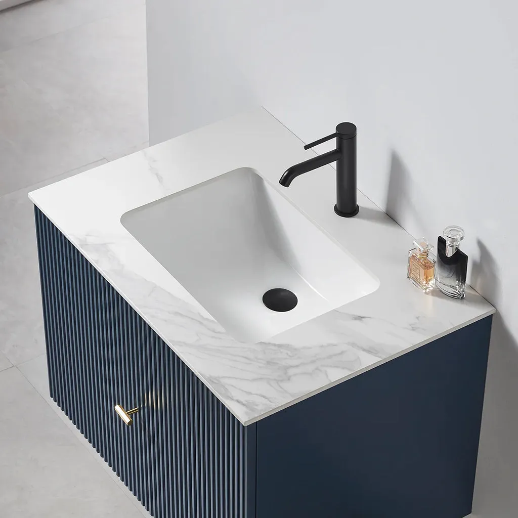 Barcelona 1 Drawer Bathroom Vanity White with Stone Sink - Wall Mount - 30" Wood/Dark Blue