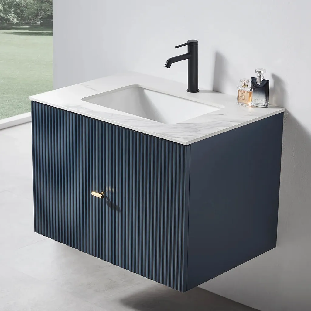 Barcelona 1 Drawer Bathroom Vanity White with Stone Sink - Wall Mount - 30" Wood/Dark Blue