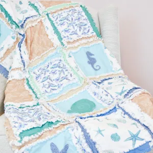 Beach Baby Bedding Rag Quilt – Coastal Theme Baby Quilt for Nursery, Handmade & Soft