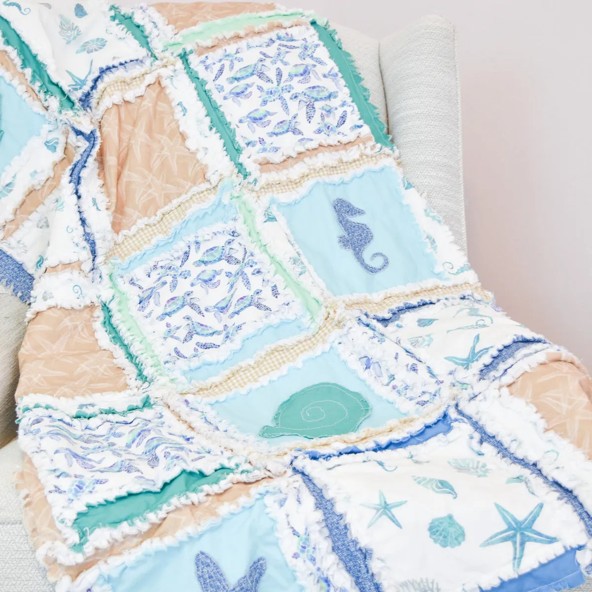 Beach Baby Bedding Rag Quilt – Coastal Theme Baby Quilt for Nursery, Handmade & Soft