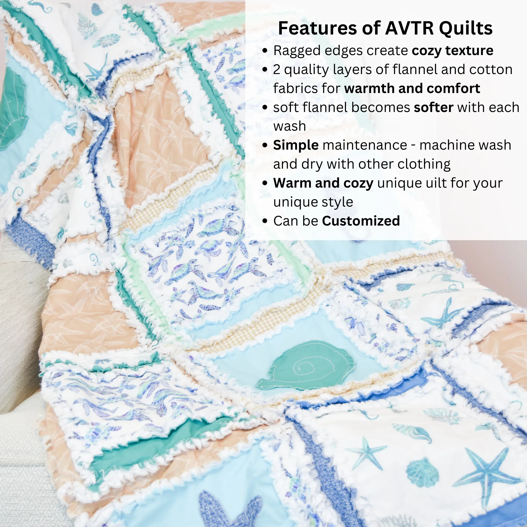 Beach Baby Bedding Rag Quilt – Coastal Theme Baby Quilt for Nursery, Handmade & Soft