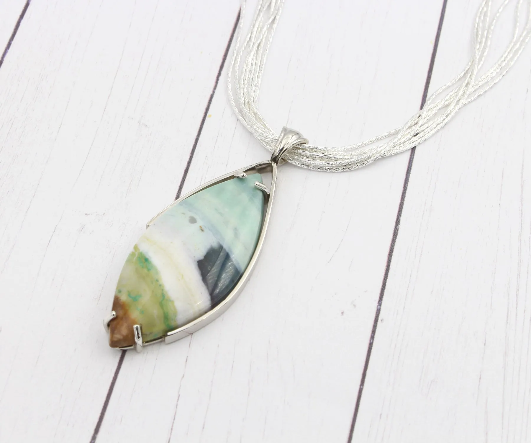 Beach Opal Petrified Wood Large Marquise Necklace
