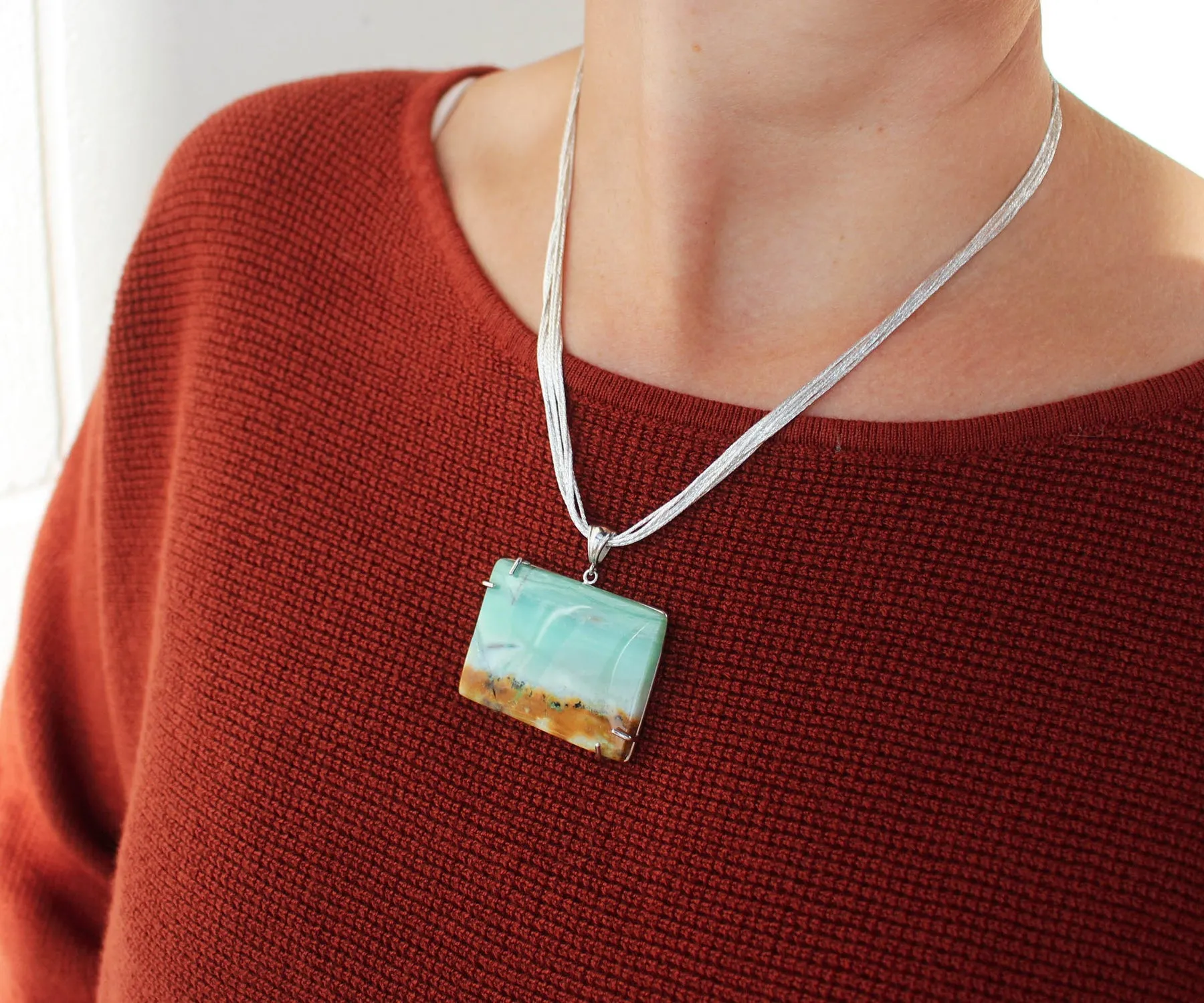 Beach Opal Petrified Wood Large Rectangular Necklace