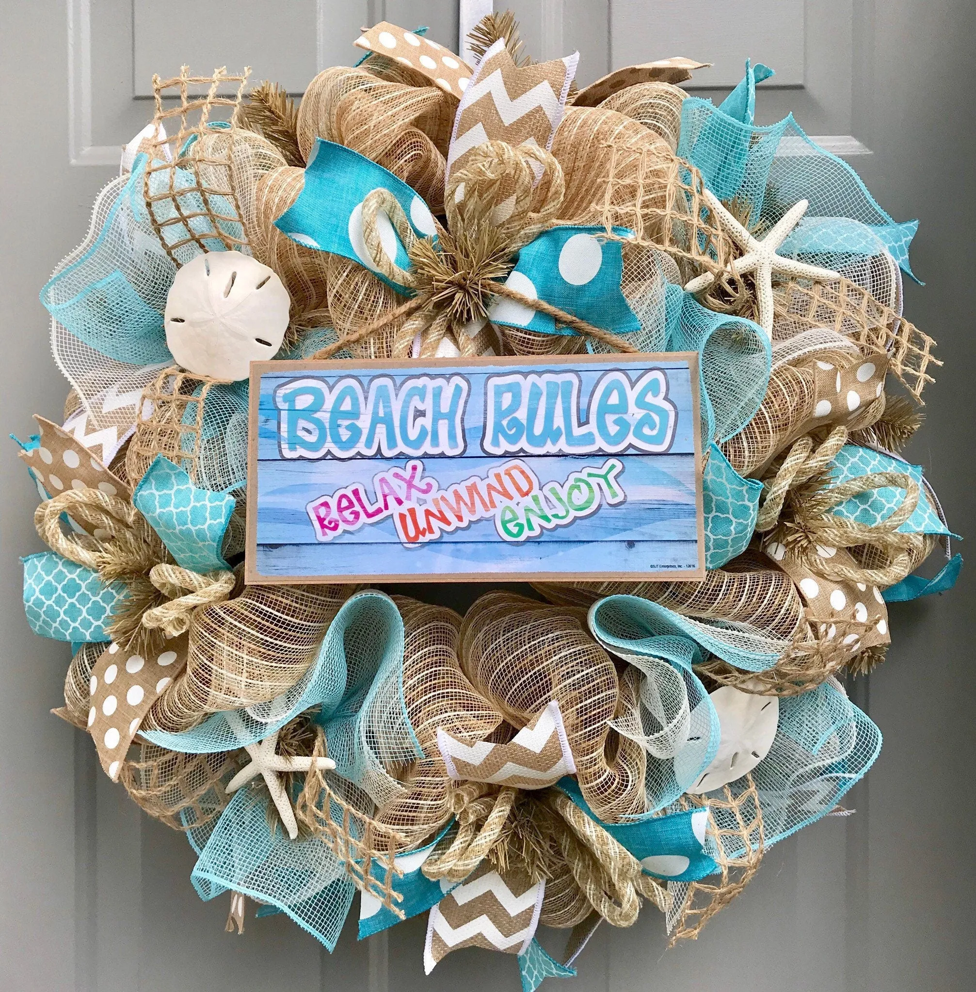 Beach Wreath, Beach Rules, Relax Enjoy Unwind, Burlap Deco Mesh Wreath with Seashells, Nautical Wreath, Seashell Wreath, Welcome Wreath