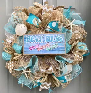 Beach Wreath, Beach Rules, Relax Enjoy Unwind, Burlap Deco Mesh Wreath with Seashells, Nautical Wreath, Seashell Wreath, Welcome Wreath