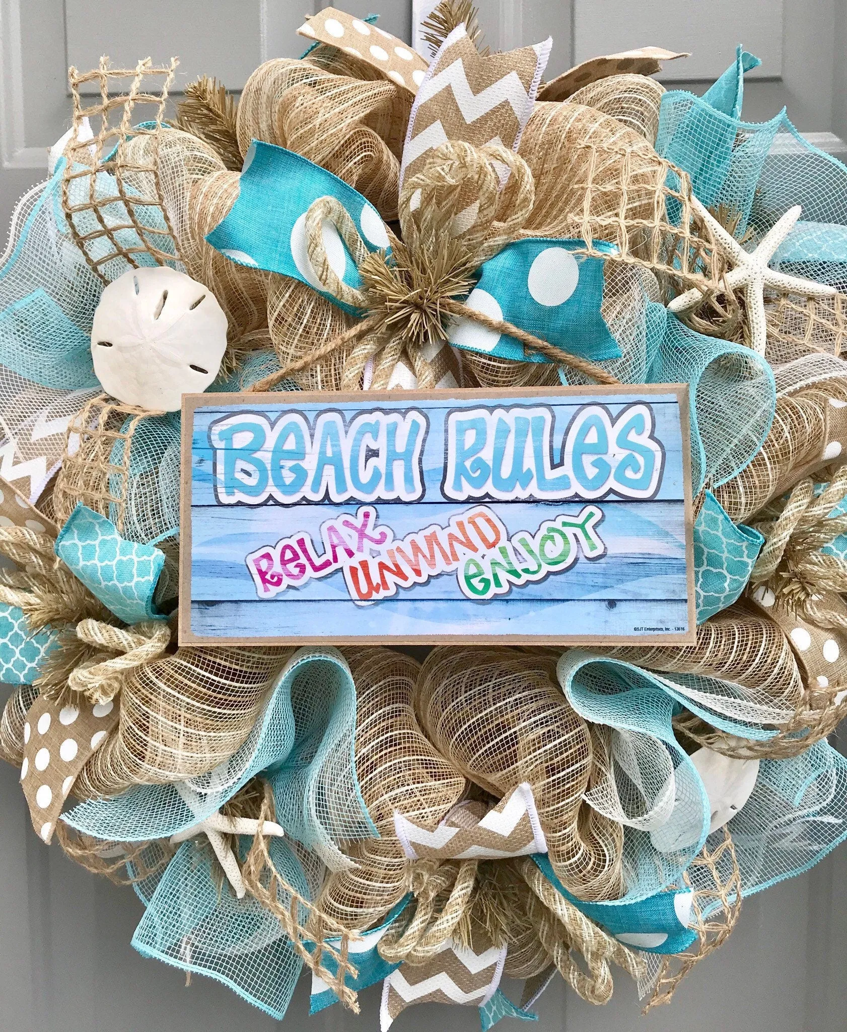 Beach Wreath, Beach Rules, Relax Enjoy Unwind, Burlap Deco Mesh Wreath with Seashells, Nautical Wreath, Seashell Wreath, Welcome Wreath