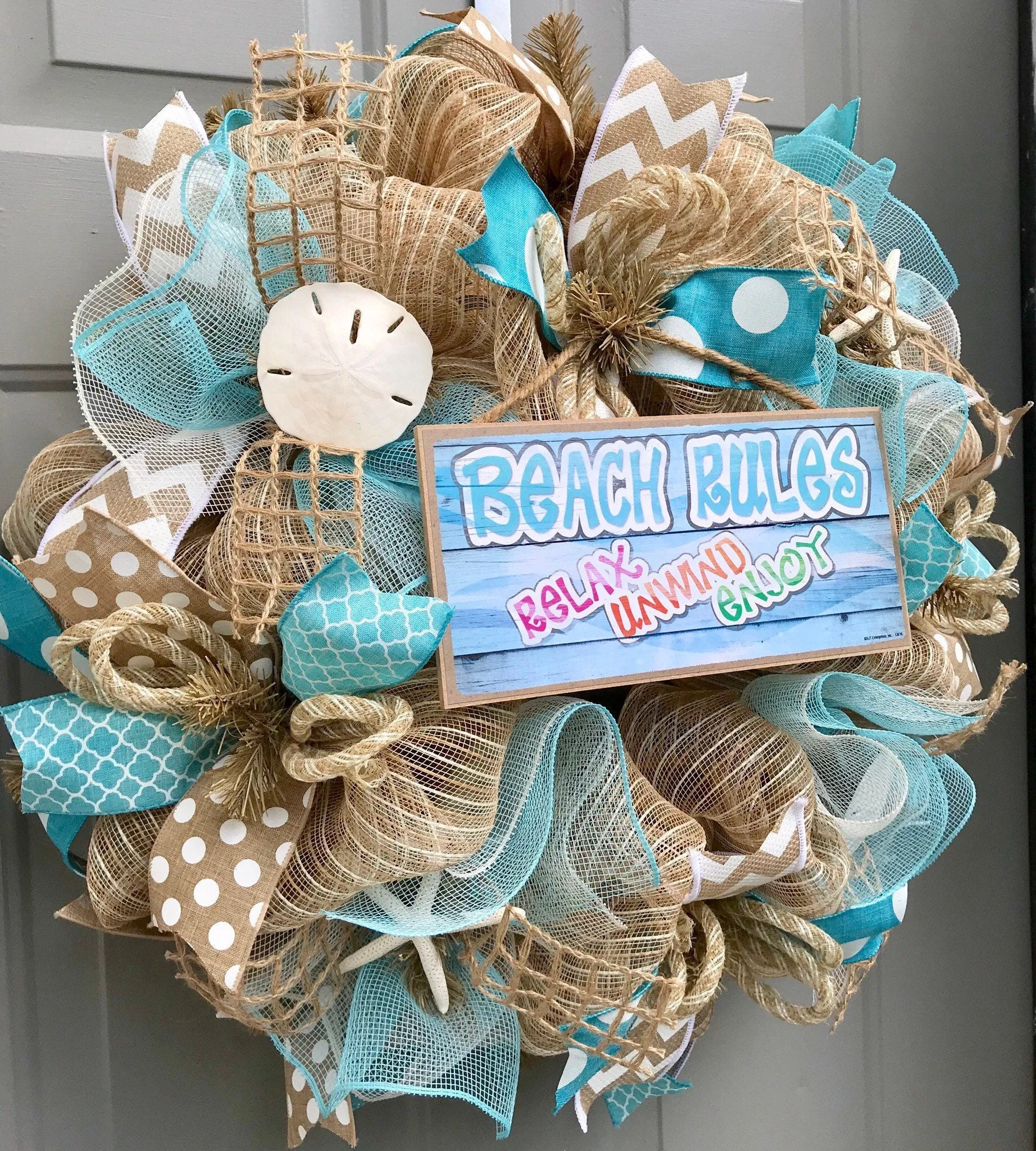 Beach Wreath, Beach Rules, Relax Enjoy Unwind, Burlap Deco Mesh Wreath with Seashells, Nautical Wreath, Seashell Wreath, Welcome Wreath