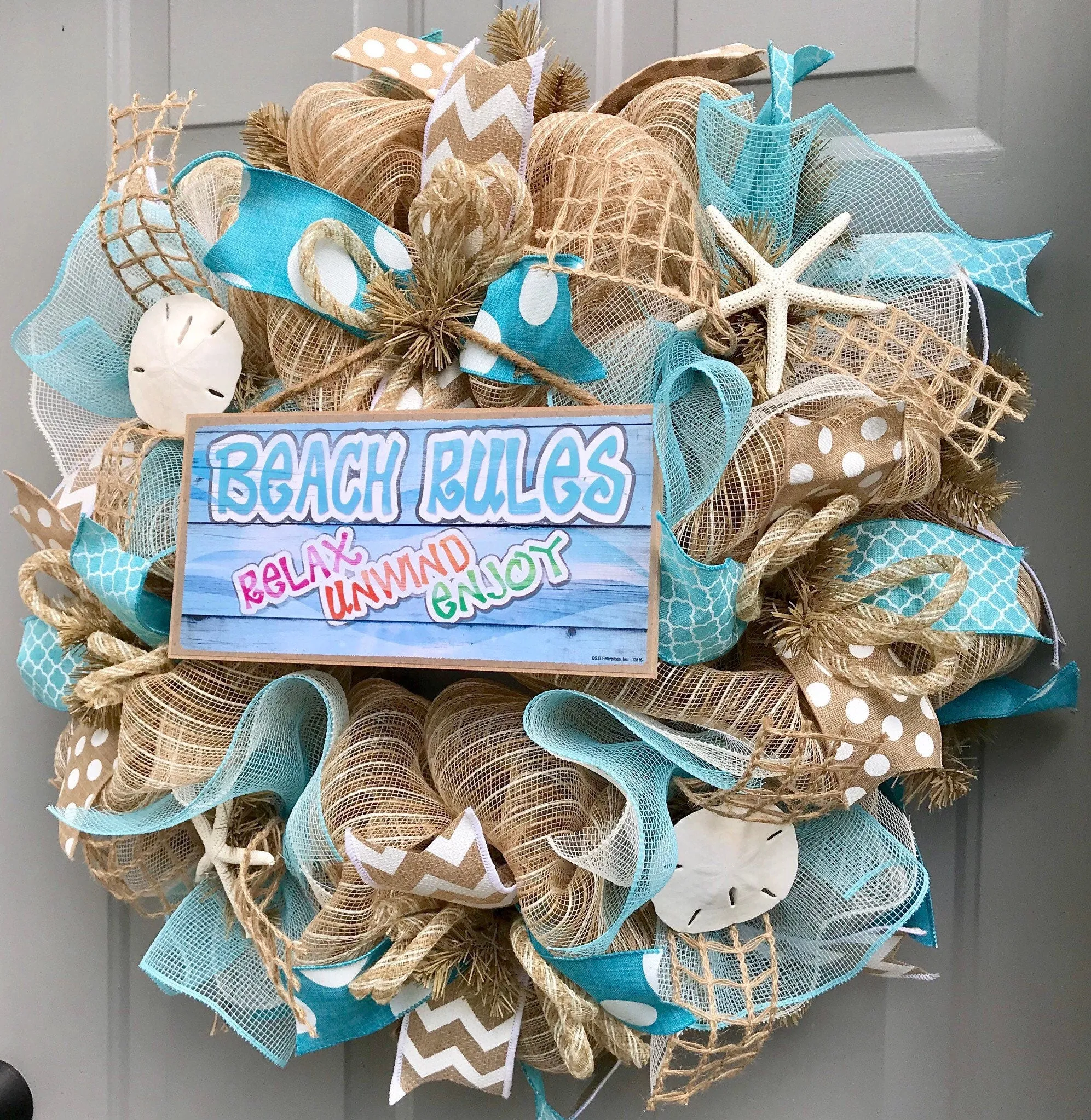 Beach Wreath, Beach Rules, Relax Enjoy Unwind, Burlap Deco Mesh Wreath with Seashells, Nautical Wreath, Seashell Wreath, Welcome Wreath