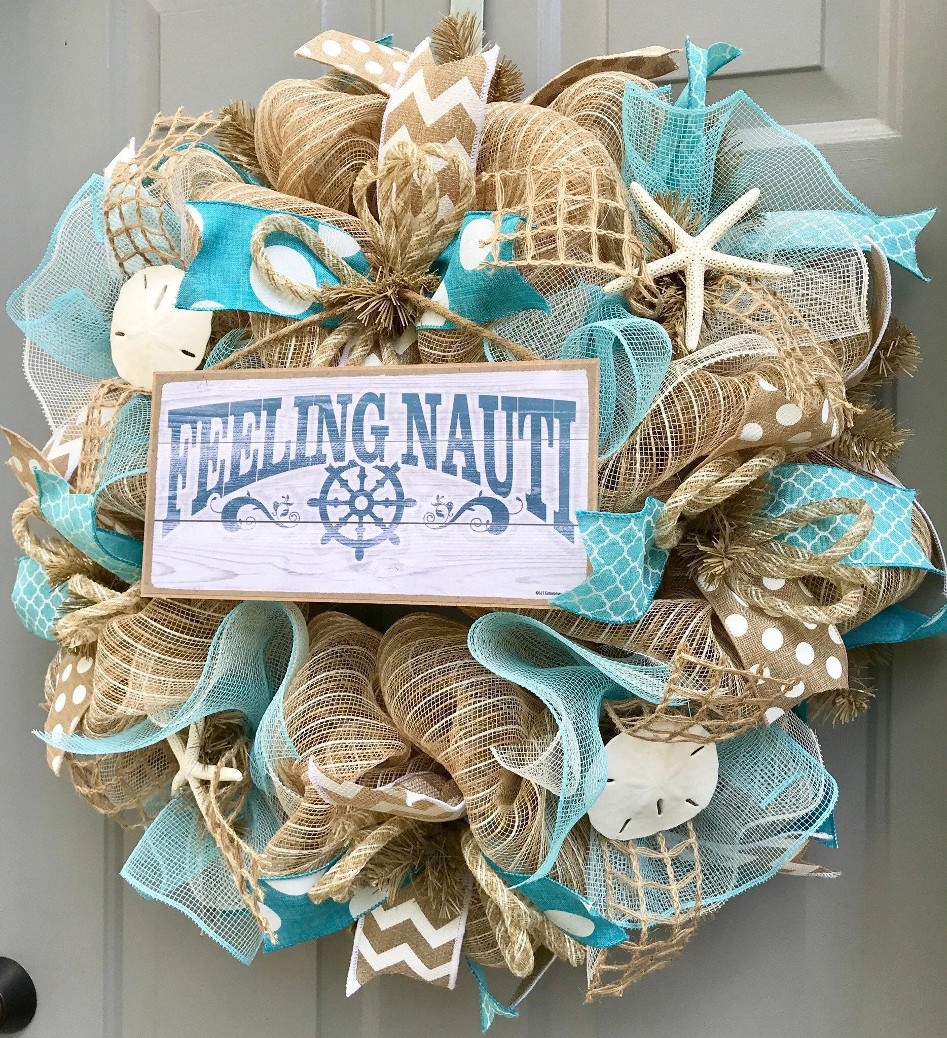 Beach Wreath, Burlap Deco Mesh Wreath with Seashells, Feeling Nauti, Nautical Wreath, Seashell Wreath, Starfish Wreath
