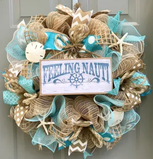 Beach Wreath, Burlap Deco Mesh Wreath with Seashells, Feeling Nauti, Nautical Wreath, Seashell Wreath, Starfish Wreath