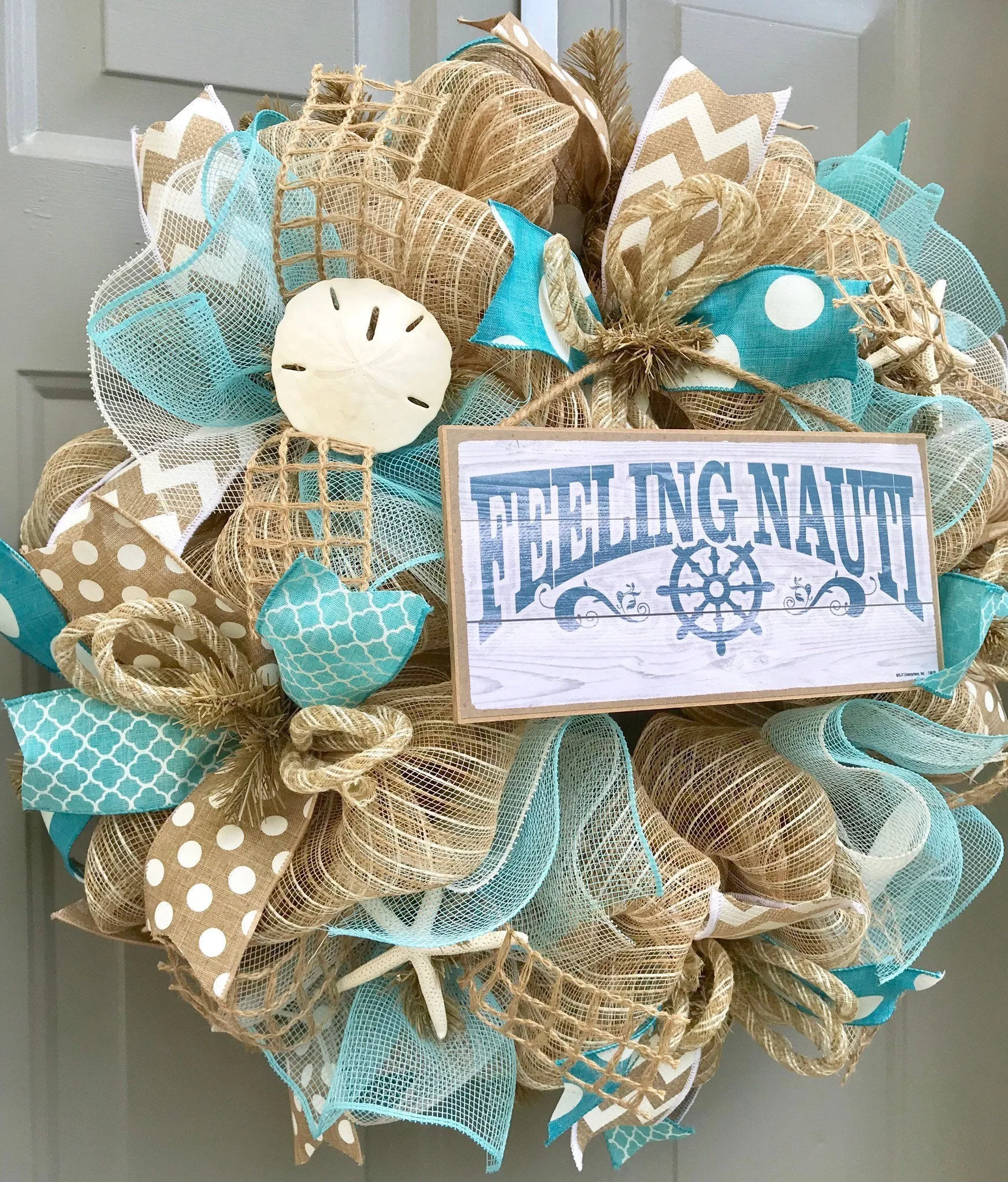 Beach Wreath, Burlap Deco Mesh Wreath with Seashells, Feeling Nauti, Nautical Wreath, Seashell Wreath, Starfish Wreath