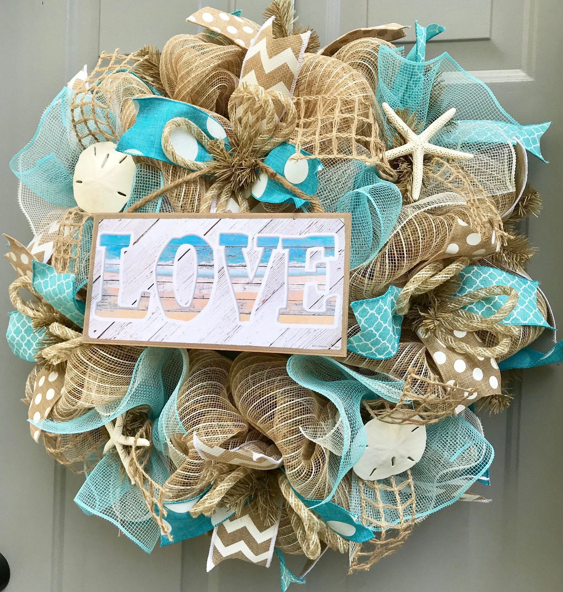 Beach Wreath, Burlap Deco Mesh Wreath with Seashells, Love Beach, Nautical Wreath, Seashell Wreath, Starfish Wreath
