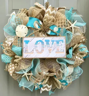 Beach Wreath, Burlap Deco Mesh Wreath with Seashells, Love Beach, Nautical Wreath, Seashell Wreath, Starfish Wreath