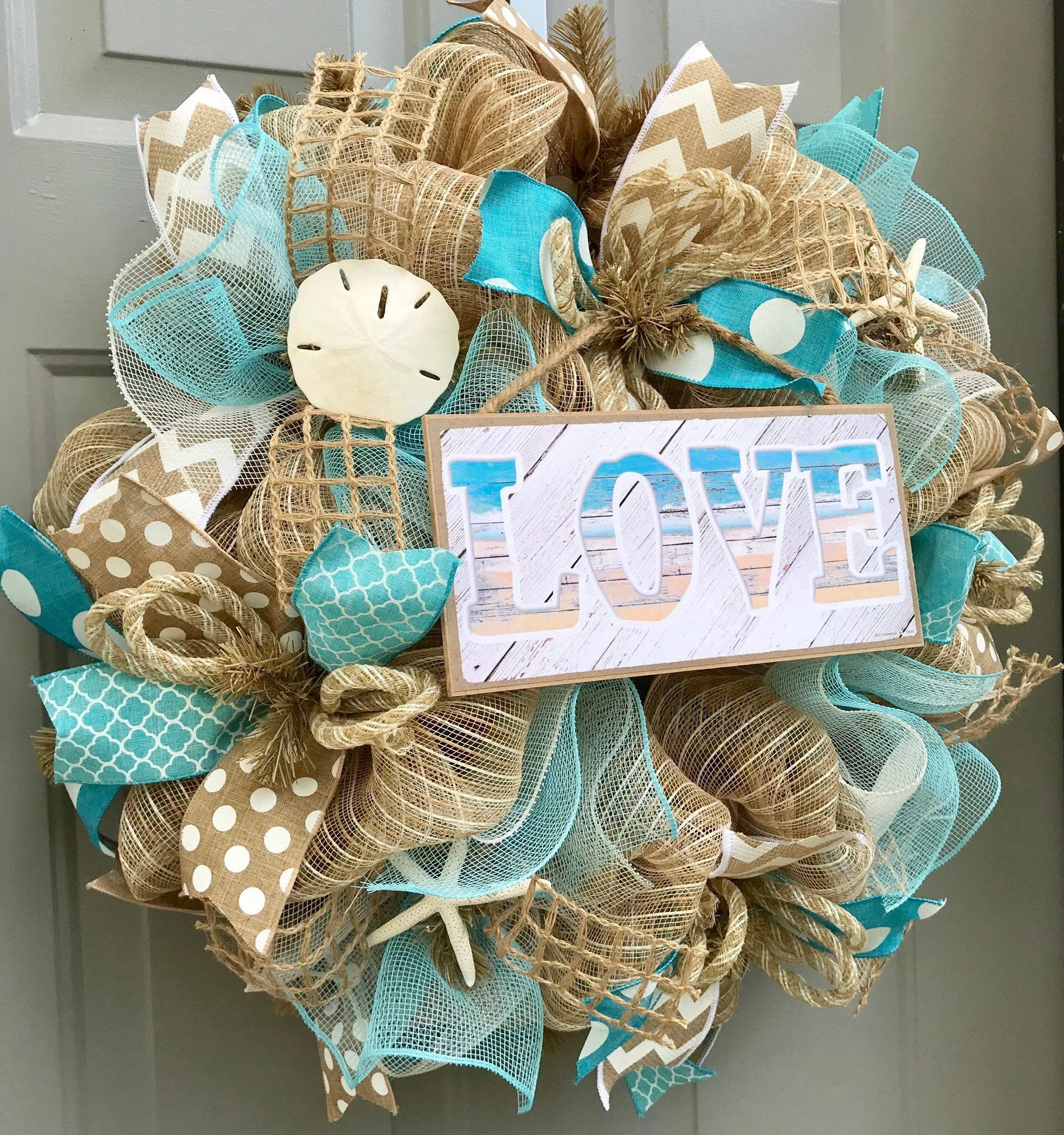 Beach Wreath, Burlap Deco Mesh Wreath with Seashells, Love Beach, Nautical Wreath, Seashell Wreath, Starfish Wreath
