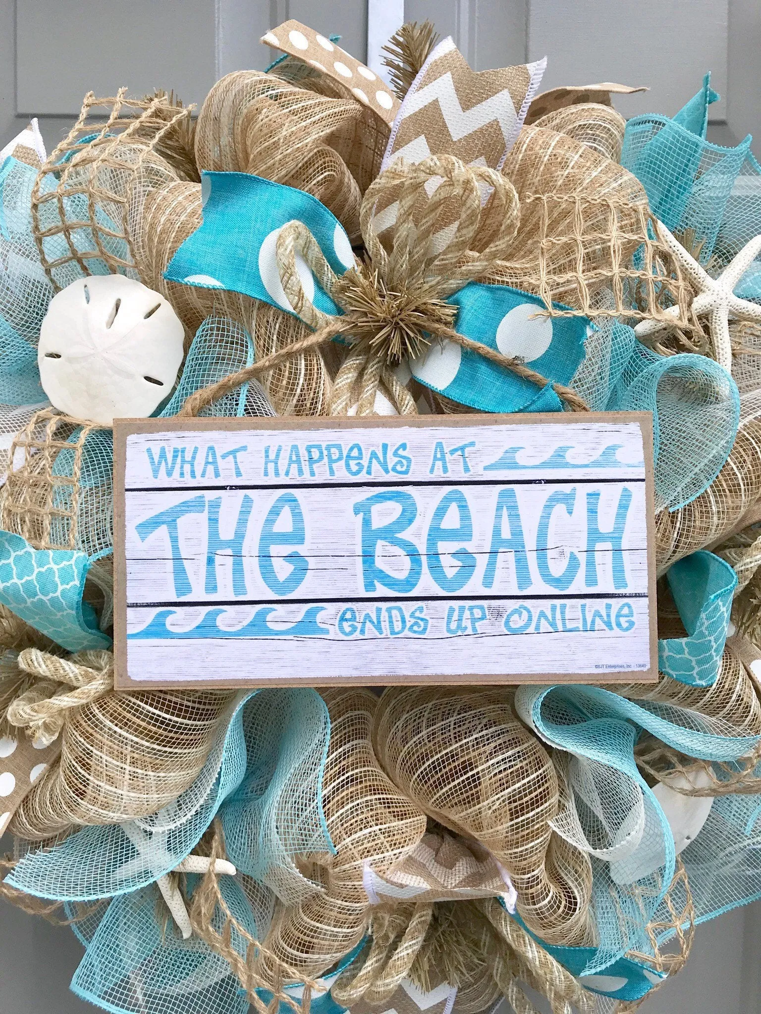Beach Wreath, Burlap Deco Mesh Wreath with Seashells, Love Beach, Nautical Wreath, Seashell Wreath, What Happens At The Beach Ends Up Online
