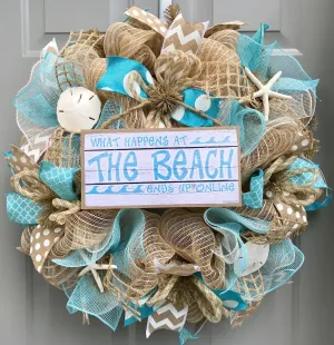 Beach Wreath, Burlap Deco Mesh Wreath with Seashells, Love Beach, Nautical Wreath, Seashell Wreath, What Happens At The Beach Ends Up Online