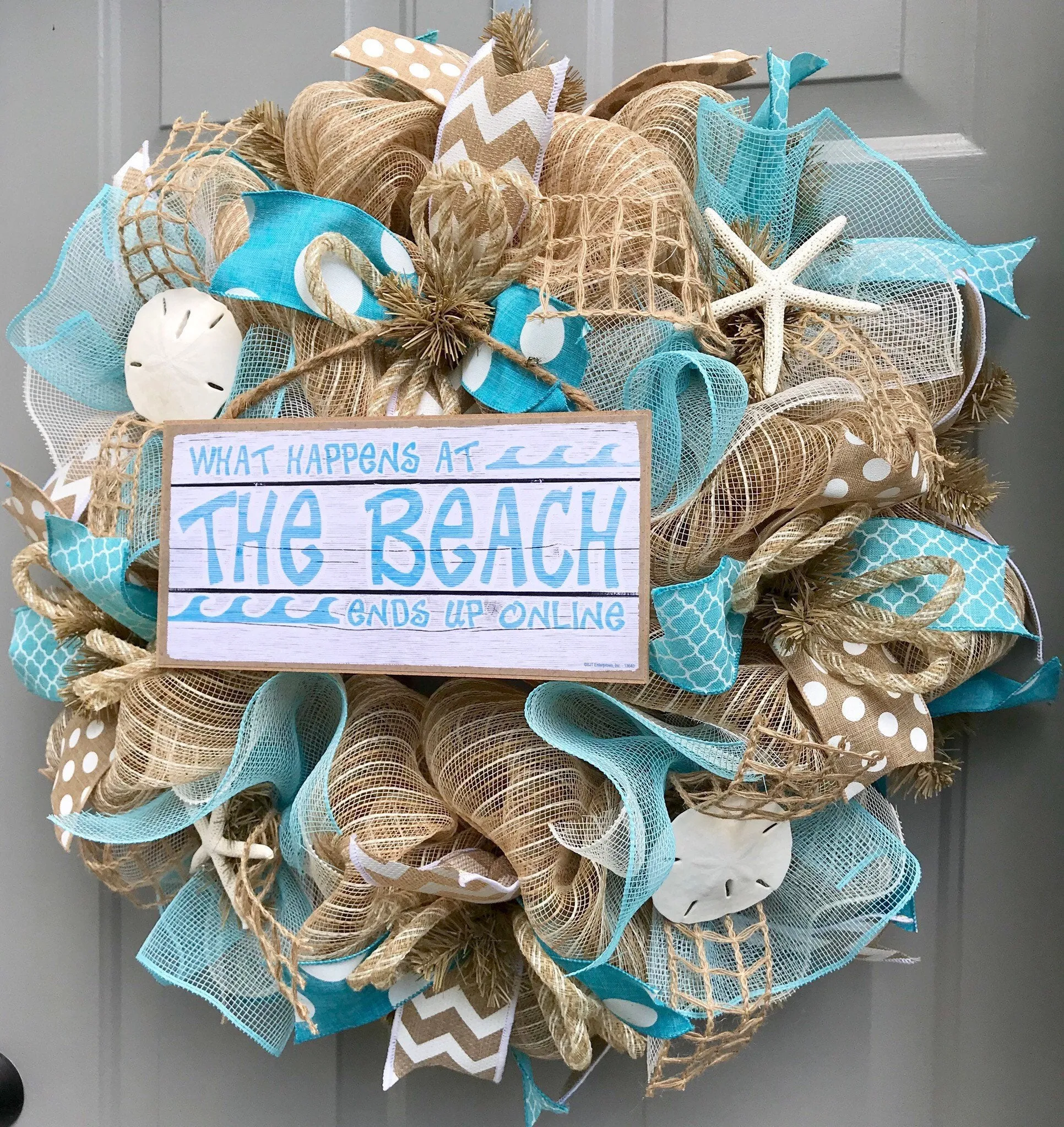 Beach Wreath, Burlap Deco Mesh Wreath with Seashells, Love Beach, Nautical Wreath, Seashell Wreath, What Happens At The Beach Ends Up Online