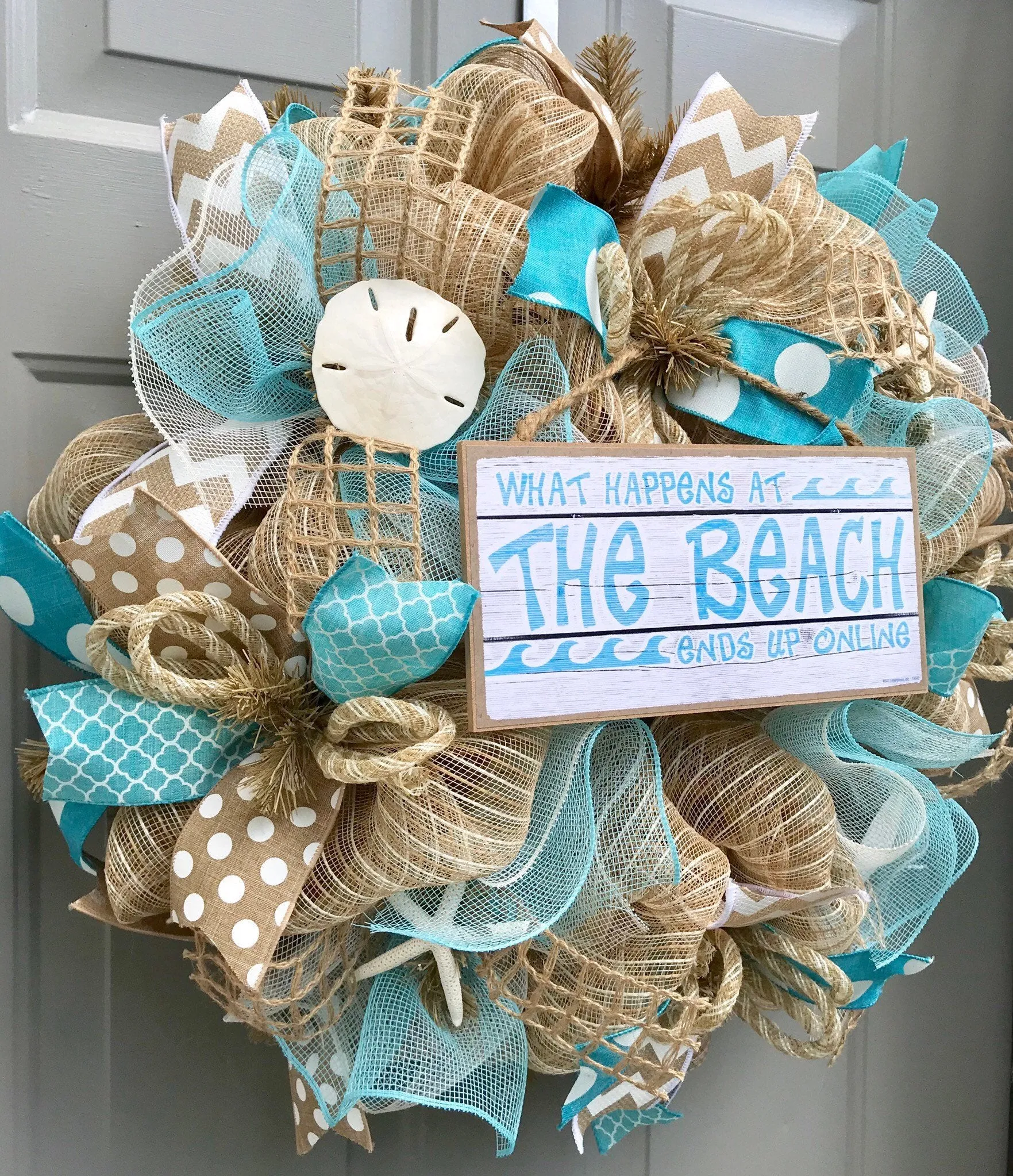 Beach Wreath, Burlap Deco Mesh Wreath with Seashells, Love Beach, Nautical Wreath, Seashell Wreath, What Happens At The Beach Ends Up Online