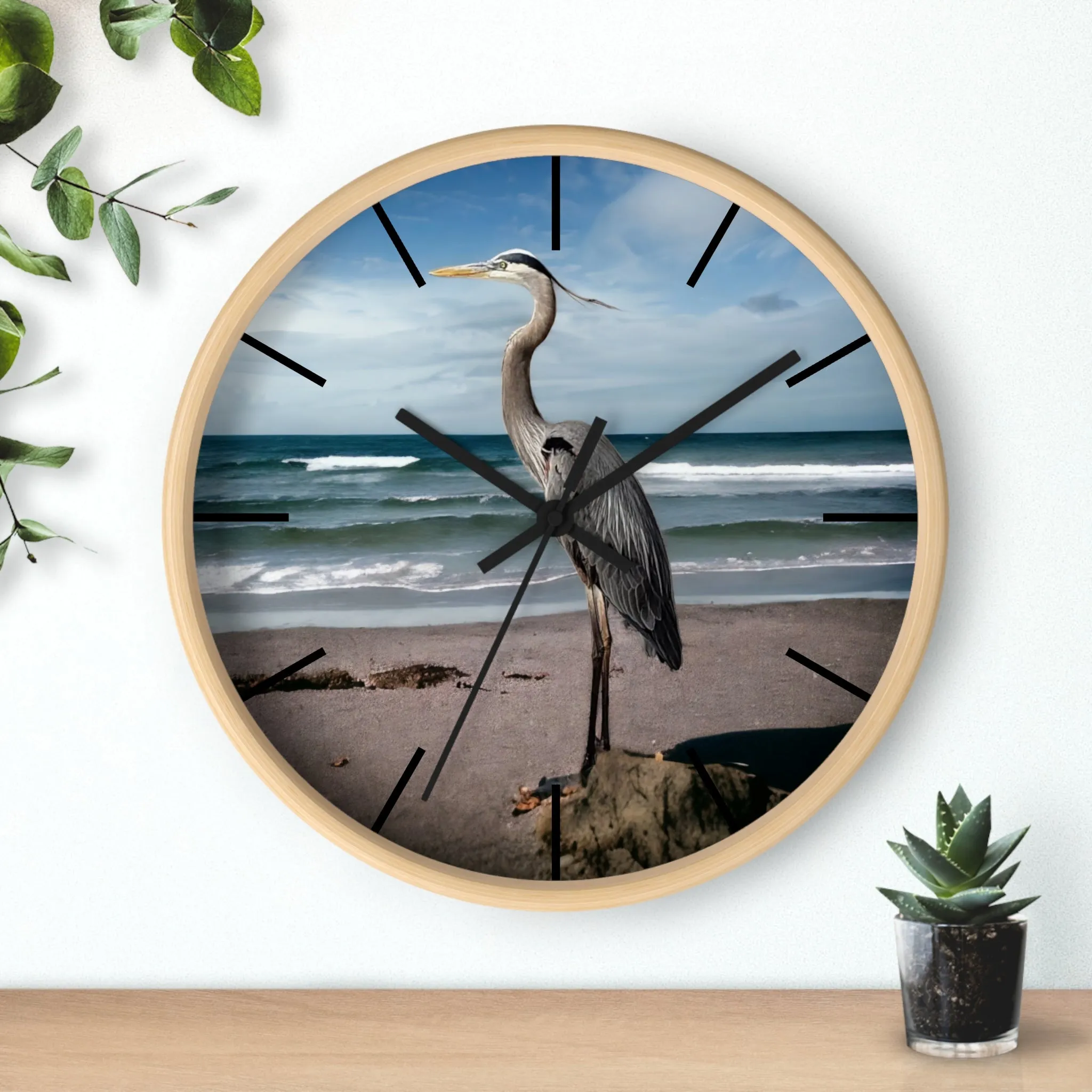 Beautiful Heron with Ocean Backdrop Wall Clock