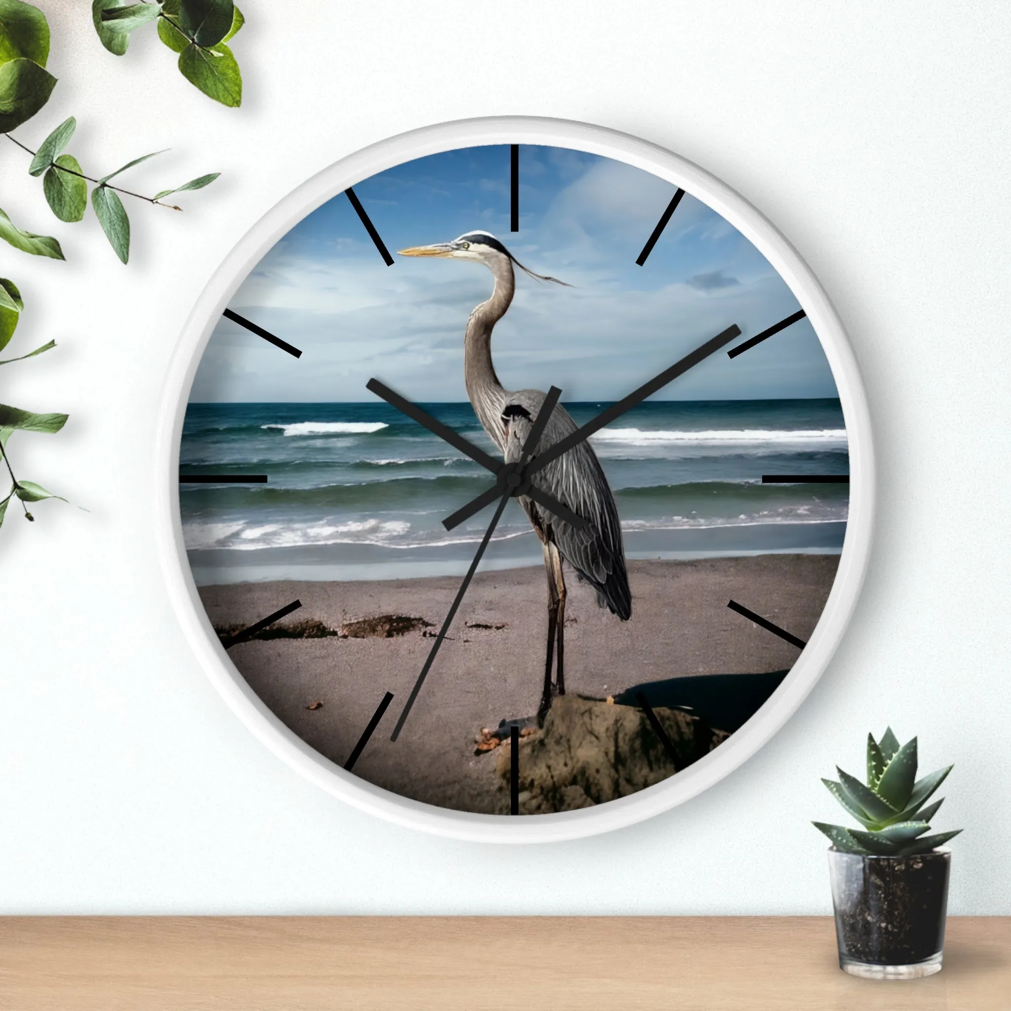 Beautiful Heron with Ocean Backdrop Wall Clock