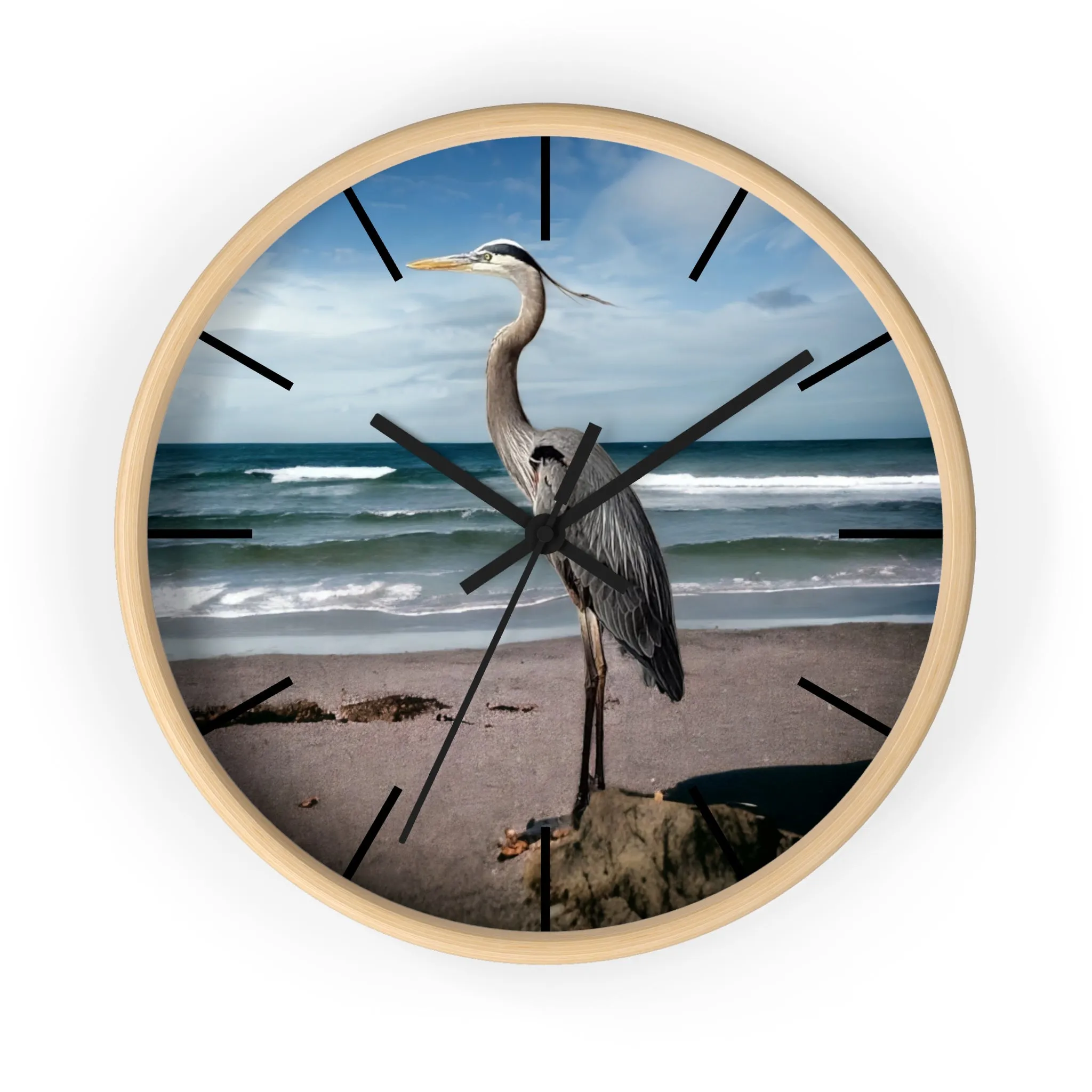 Beautiful Heron with Ocean Backdrop Wall Clock