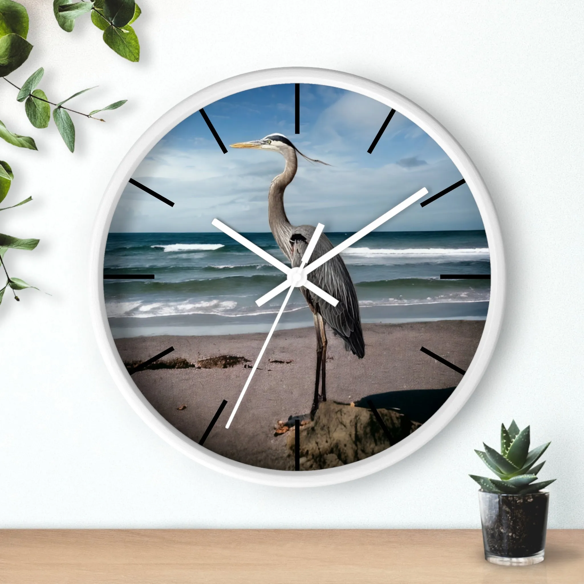 Beautiful Heron with Ocean Backdrop Wall Clock
