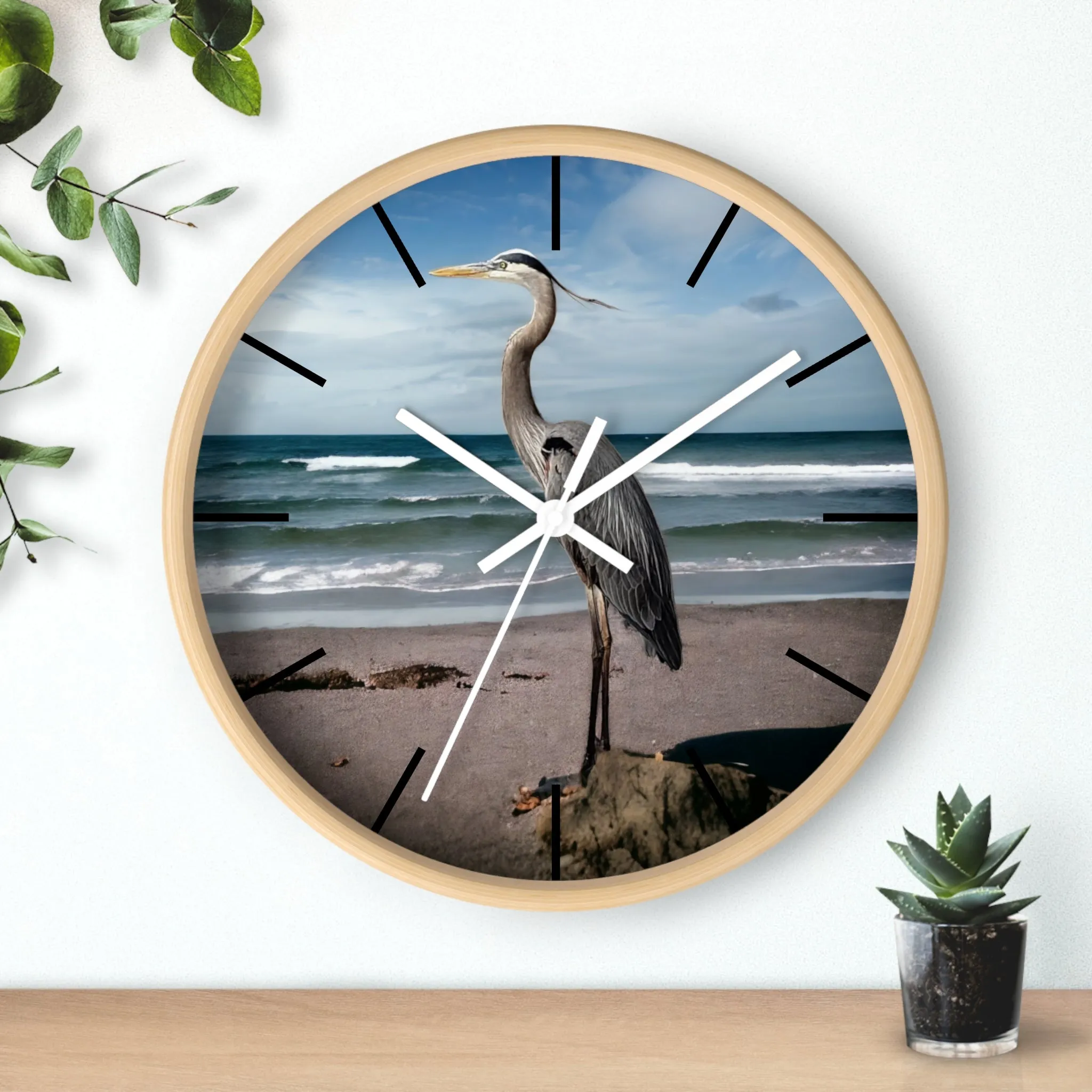Beautiful Heron with Ocean Backdrop Wall Clock